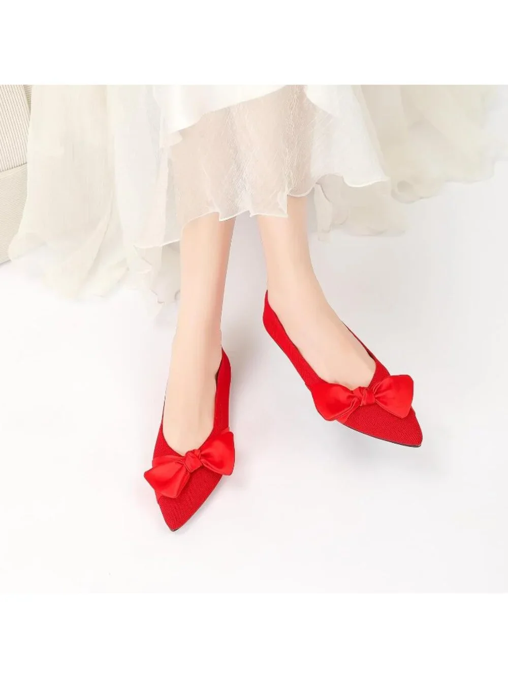 Women's Red Mesh Pointed Toe Ballet Slip On Comfortable  Flats with Bow Shoes
